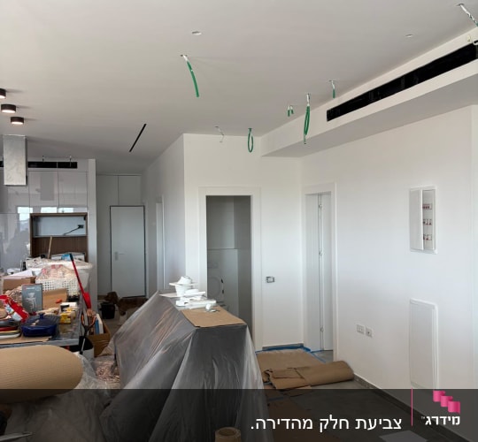עבודת צביעת דירה מרוהטת תוך הגנה על הריהוט והרצפה בניילון וקרטון